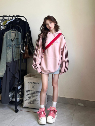 Korean art raw milk hooded sweatshirt for women spring and autumn 2024 lazy high-end loose pullover pink top