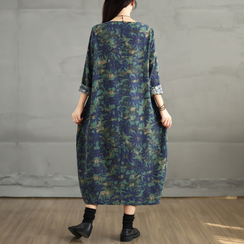 New cotton and linen printed long-sleeved dress, retro age-reducing printed large size pullover round neck mid-length skirt