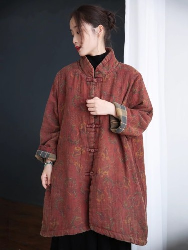 Winter new cotton and linen women's clothing Chinese ethnic style buckle loose large size mid-length cotton coat and jacket