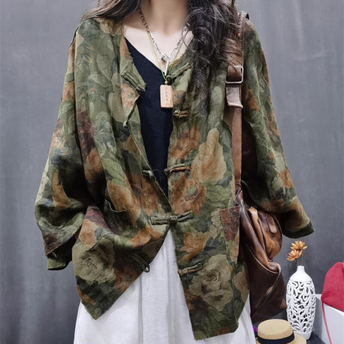 Cotton and linen women's clothing 2024 new autumn style retro ethnic style distressed top printed versatile foreign style small jacket