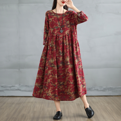 New retro cotton and linen printed round neck long-sleeved dress for women loose large size slimming spliced ​​A-line skirt for women