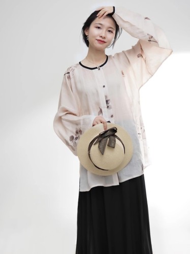 Zhao's Hanfu Autumn New Cotton and Linen Daily Made Round Neck Bow Pocket Sleeve Short Shirt Breathable