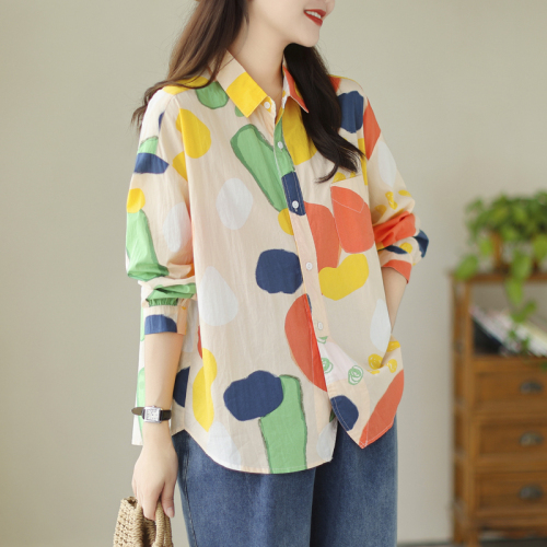 Shirt top women's design 2024 new Korean version commuter arc hem painted graffiti printed long sleeves