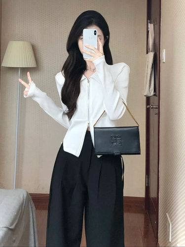 Design niche POLO collar right shoulder long sleeve T-shirt women's spring and autumn short bottoming shirt high waist slim fit top