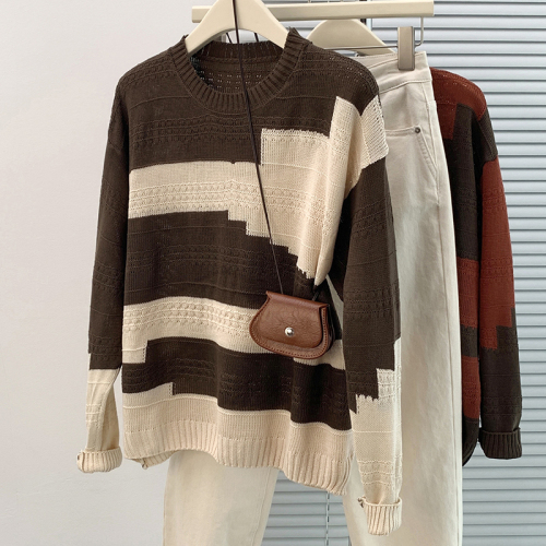 Contrast color sweater to cover belly, loose and versatile autumn clothing, casual, western and fashionable women's sweater