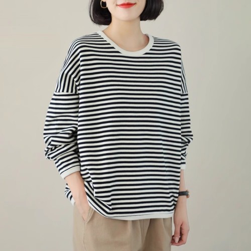 Striped sweatshirt for women, loose, slim, Korean version, versatile, casual, simple, round neck, spring and autumn long-sleeved T-shirt