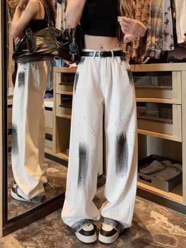 White old graffiti ripped wide leg jeans for women thin autumn new high waist straight drape floor mopping trousers