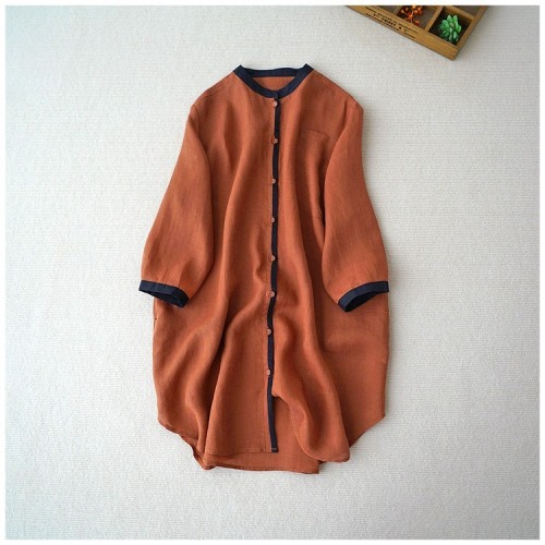 2024 Autumn Loose Casual Stand Collar Mid-Length Three-quarter Sleeve Shirt Contrast Color Casual Cardigan Sun Protection Shirt