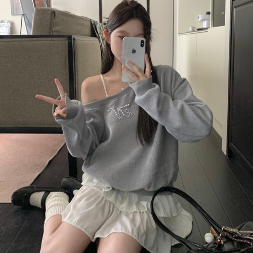 Real shot of off-shoulder lace hollow niche long-sleeved top slimming lazy round neck knitted sweatshirt autumn