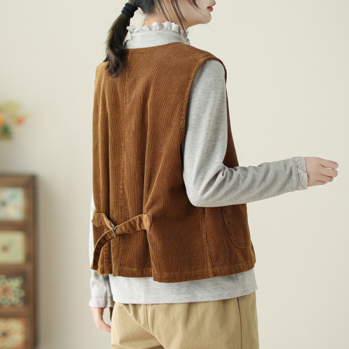 Classic single-breasted sleeveless top, artistic retro style corduroy vest jacket