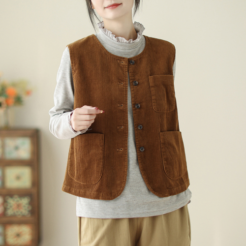 Classic single-breasted sleeveless top, artistic retro style corduroy vest jacket