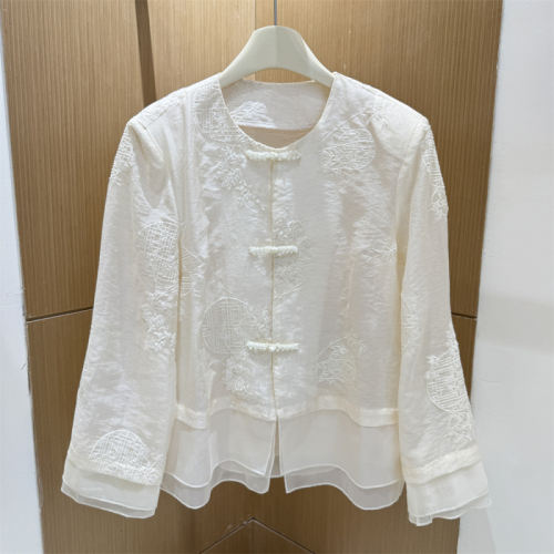 New Chinese style round neck heavy industry embroidered jacket for women autumn new high-end buttoned shirt top