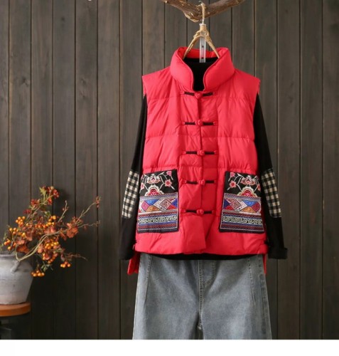 National style vest for women winter warm buckle Tang suit cotton coat ethnic style embroidered sleeveless waistcoat