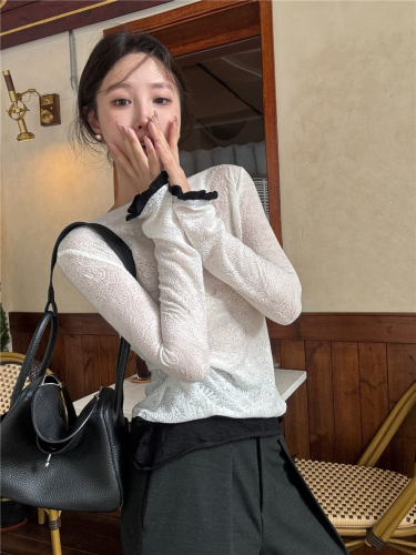 Real shot of thin see-through lace dark pattern stitching early autumn trumpet long-sleeved top for women