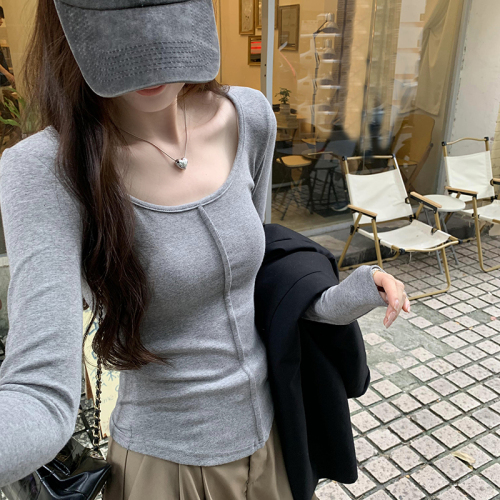 Actual photo design three-dimensional midline u-neck hot girl slim long-sleeved bottoming shirt for women with autumn 2024 new T-shirt