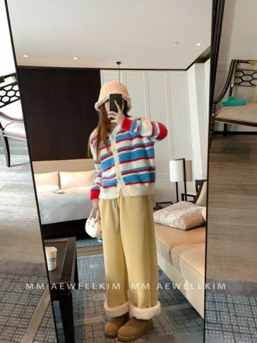 Mohair striped hooded knitted cardigan sweater for women in autumn and winter loose lazy style American retro jacket