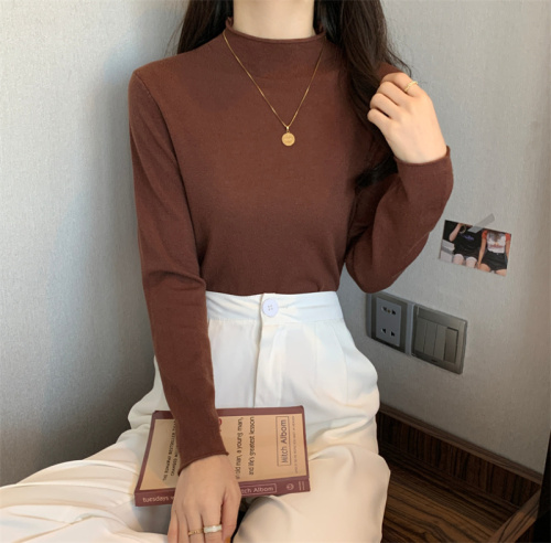 Actual shot of versatile basic solid color slim half turtleneck long-sleeved bottoming shirt knitted top for women with western style inner wear