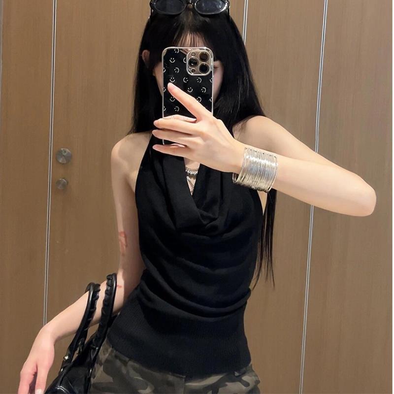掛脖盪領無袖背心女夏季外穿收腰緊身設計感小眾別致辣妹露肩上衣