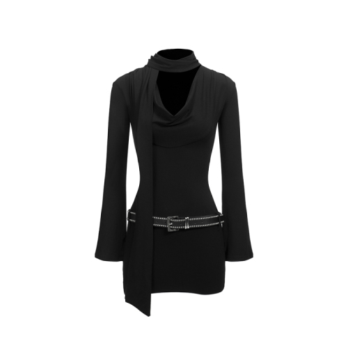 Actual shot of 2024 autumn and winter new hot girl dress female design sense swing collar royal sister style long-sleeved black hip-covering short skirt