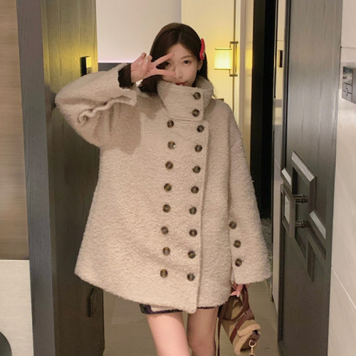 Oatmeal double-breasted solid color soft waxy lamb wool stand collar coat winter loose warm mid-length cardigan top