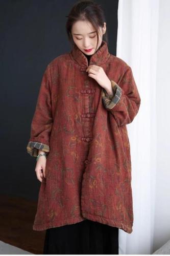 Winter new cotton and linen women's clothing Chinese ethnic style buckle loose large size mid-length cotton coat and jacket