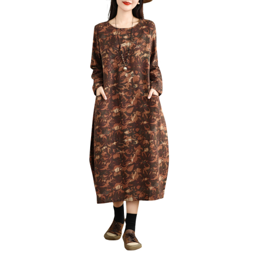 New cotton and linen printed long-sleeved dress, retro age-reducing printed large size pullover round neck mid-length skirt