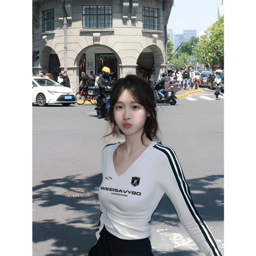 American trendy brand three-stripe V-neck long-sleeved T-shirt for women 2024 autumn new white niche design printed top