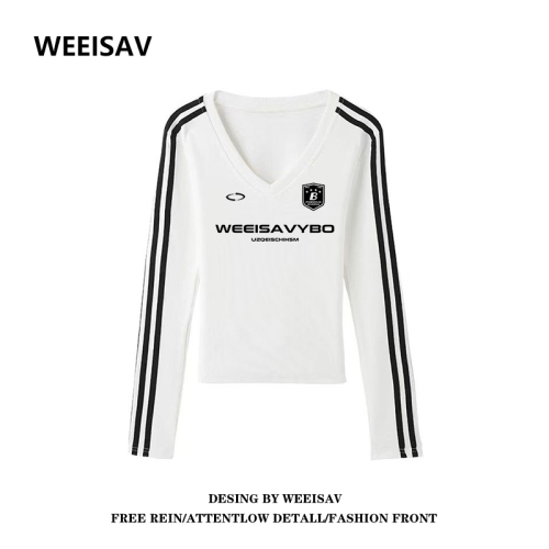 American trendy brand three-stripe V-neck long-sleeved T-shirt for women 2024 autumn new white niche design printed top