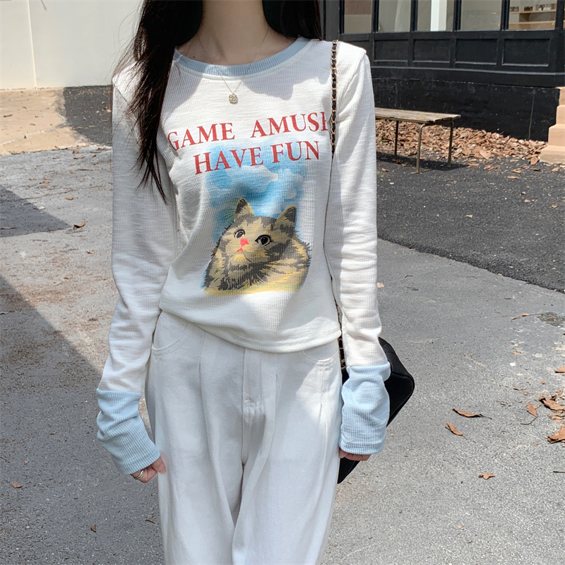 實拍 真 早秋新款上衣設計感短款修身顯瘦貓咪印花長袖T恤女