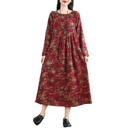 New retro cotton and linen printed round neck long-sleeved dress for women loose large size slimming spliced ​​A-line skirt for women