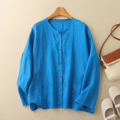 2024 early autumn new age-reducing blue temperament round neck dopamine linen casual cardigan