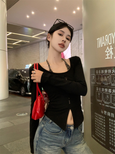 Real shot ~ hot girl fake two-piece leopard print splicing T-shirt for women 2024 autumn sexy hollow slim fit top