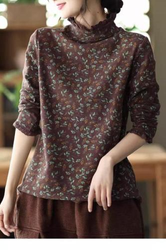 New autumn and winter loose slimming literary retro floral bottoming shirt pure cotton half turtleneck ruffled top for women