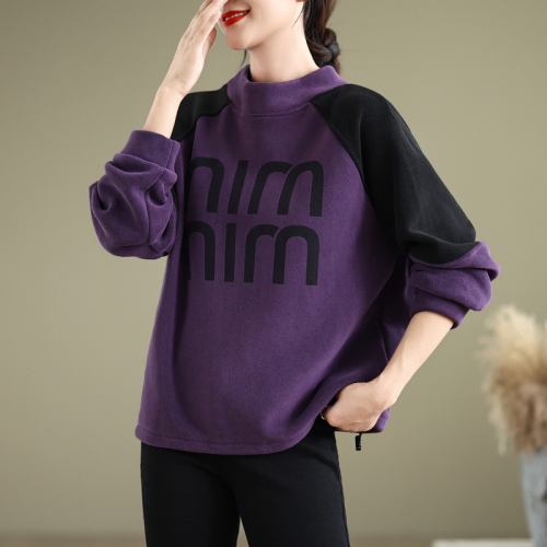 New winter clothing, artistic Ollie velvet sweatshirt for women, thickened and warm, dropped shoulder sleeves, color matching half turtleneck top