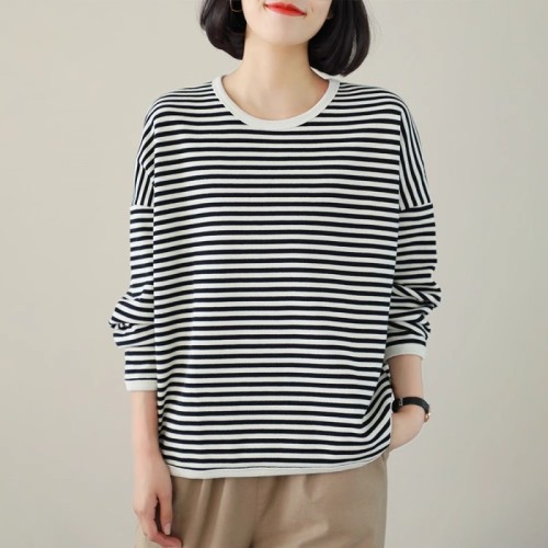 Striped sweatshirt for women, loose, slim, Korean version, versatile, casual, simple, round neck, spring and autumn long-sleeved T-shirt