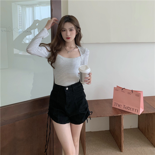 Actual shot of early autumn Korean style chic design niche square collar striped temperament T-shirt for women