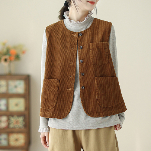 Classic single-breasted sleeveless top, artistic retro style corduroy vest jacket