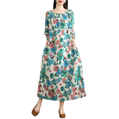 New cotton and linen printed short-sleeved dress, retro age-reducing printed large size pullover round neck mid-length skirt