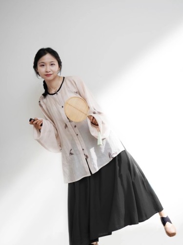 Zhao's Hanfu Autumn New Cotton and Linen Daily Made Round Neck Bow Pocket Sleeve Short Shirt Breathable