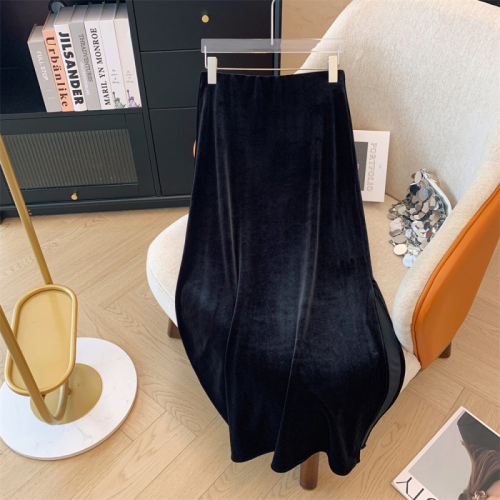 Autumn and winter retro large size velvet side slit long skirt black velvet skirt