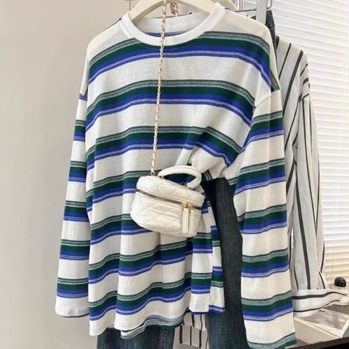 Extra large size 300 pounds striped long-sleeved T-shirt women's spring and autumn design loose top