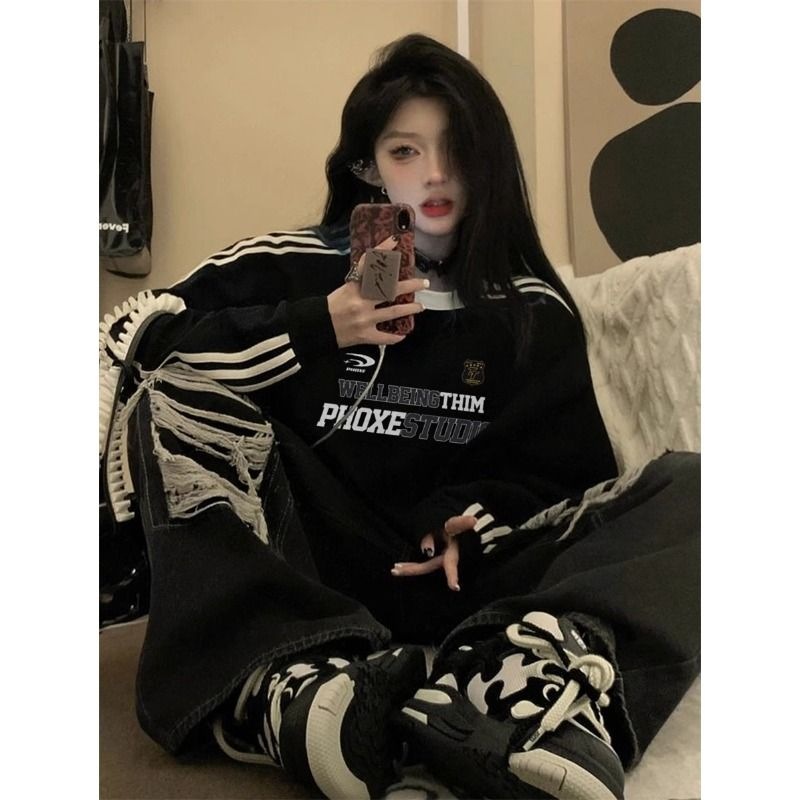 Women's Vintage Loose Fit Casual Three-Striped Crew Neck Long Sleeve Hoodie - New Trend Brand Top for Autumn/Winter
