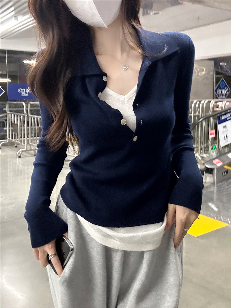 Actual shot of the new pure desire Korean version commuting fake two-piece color-blocked polo collar bottoming long-sleeved sweater