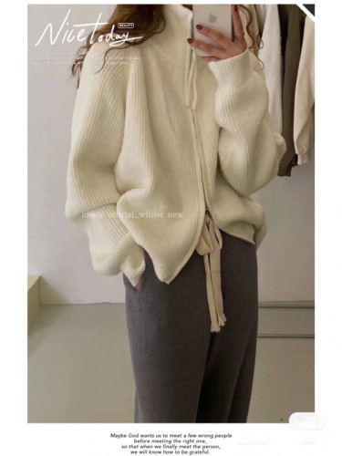 Retro gray lapel knitted sweater cardigan coat for women in autumn and winter loose lazy style outer wear double zipper high collar