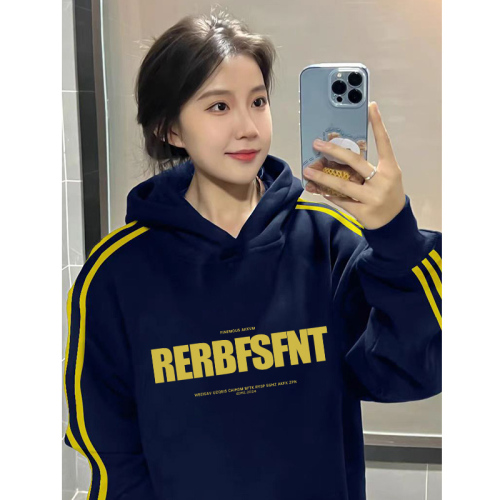 Couple wear navy blue three-stripe hooded sweatshirt for women 2024 autumn and winter new style loose shoulder jacket trendy