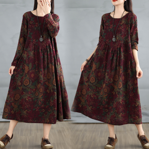 New retro cotton and linen printed round neck long-sleeved dress for women loose large size slimming spliced ​​A-line skirt for women