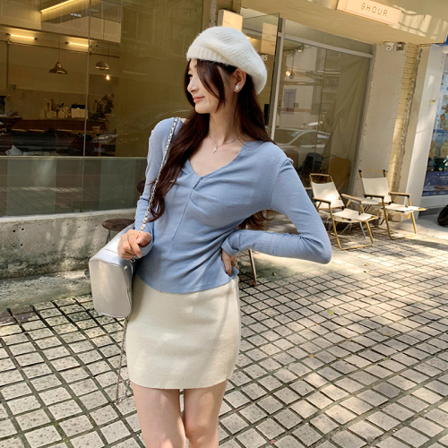 Real photos of Korean style chic hot girls twisted V-neck bottoming shirt for women new design niche long-sleeved T-shirt top