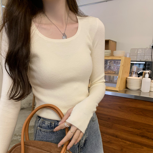 Real photos of early autumn wear long-sleeved bottoming sweater for women autumn and winter 2024 new slim fit square collar top