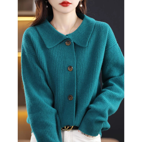 Wool cardigan women's 2024 autumn and winter new style doll collar loose lazy style cashmere knitted thickened jacket