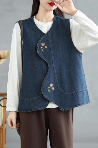 Japanese embroidered denim vest autumn new retro literary irregular wavy edge vest